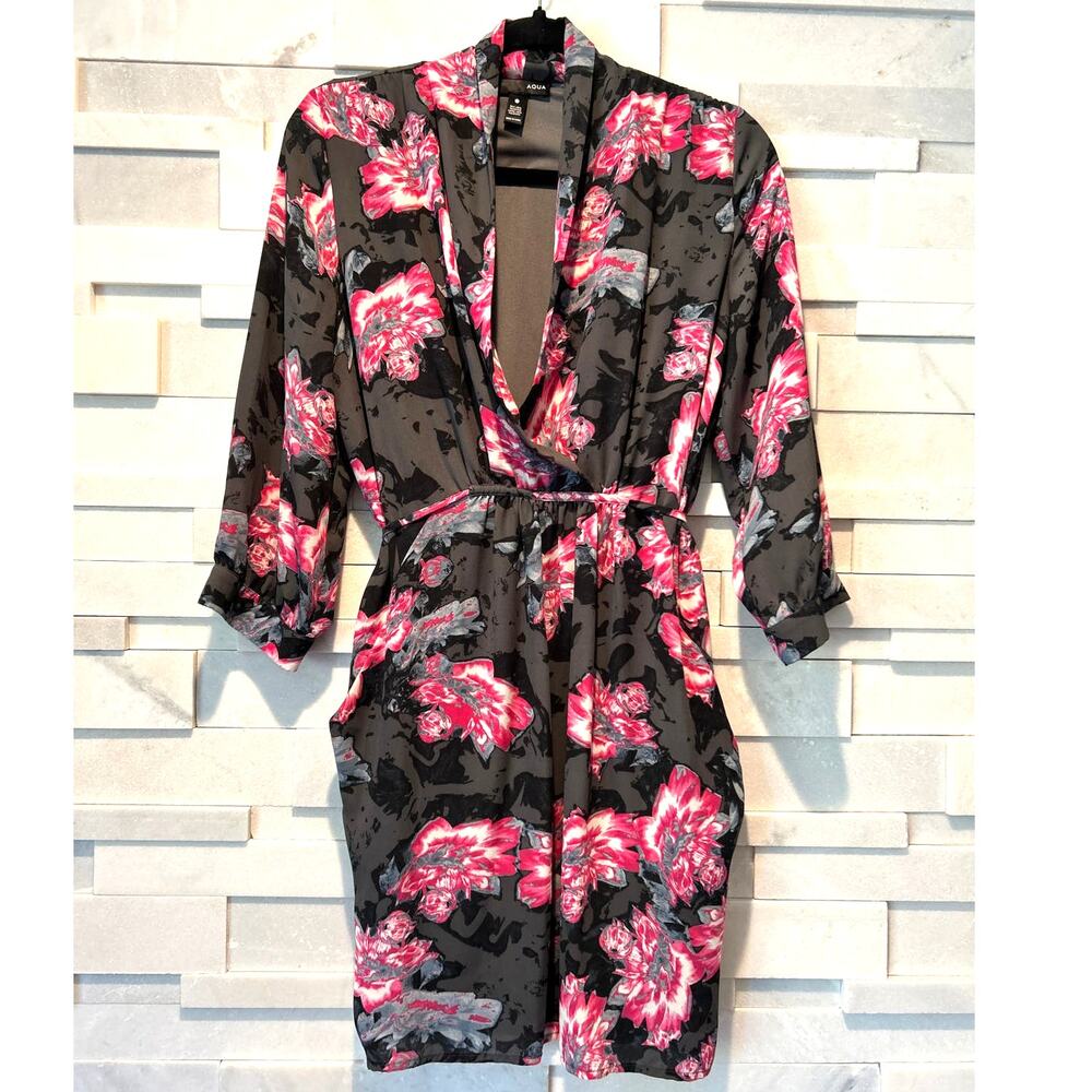 AQUA BLOOMINGDALES Floral Plunge Neck Petal Pink Tie Waist Dark Romance Dress M